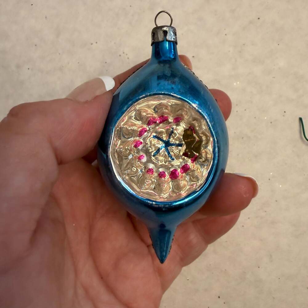Vtg Poland Blown Glass Teardrop Indent Christmas Ornament Blue Pink Silver Mica